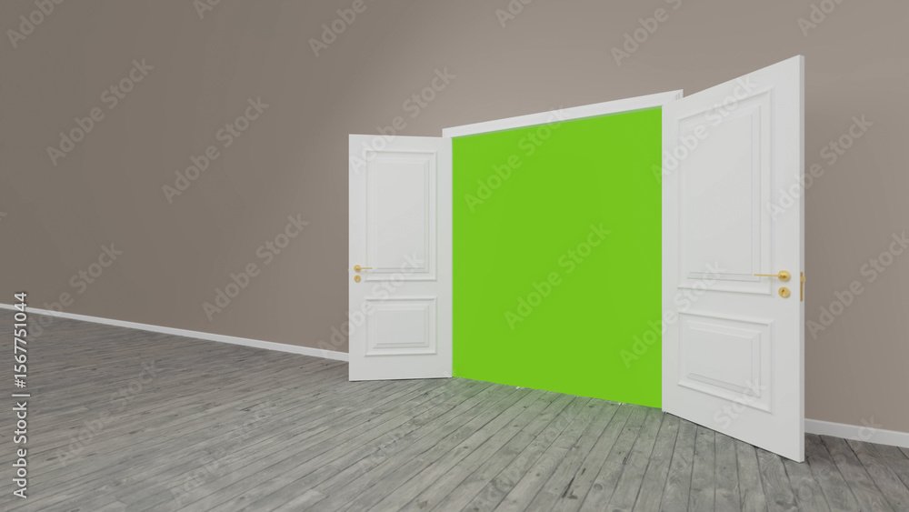 Poster white double door slightly open revealing a vibrant green chroma key wall in an empty room with gray