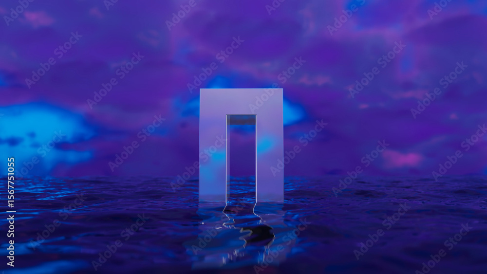 Poster surreal glowing rectangular door frame is standing in a dark wavy ocean under a cloudy purple and bl