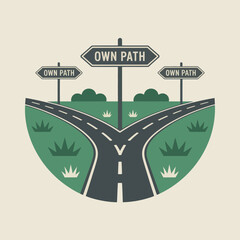 A stylized illustration of a road splitting into two paths with signs pointing in different directions indicating own path symbolizing choice and individuality © Ultimate