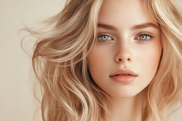 Naklejka premium Close-up portrait of a young woman with highlighted blonde hair.