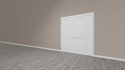 Classic interior design featuring closed white double doors with golden handles against a muted brown wall in an empty room with a gray wooden floor, evoking anticipation