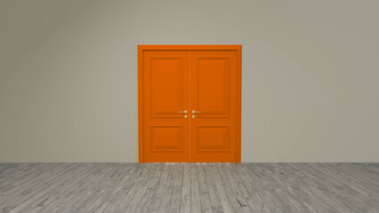 Modern orange double door with golden handles is the focal point in an empty room with gray walls and a gray wooden floor, creating a minimalist and visually striking scene