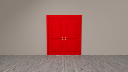 Closed red double doors with golden handles create a striking focal point in a gray room featuring a sleek wooden floor, offering a blend of simplicity and elegance