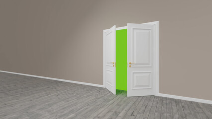 Classic white double door slightly open revealing a vibrant green screen backdrop in a minimalist room with gray wooden floor and taupe walls, ideal for virtual backgrounds and compositing