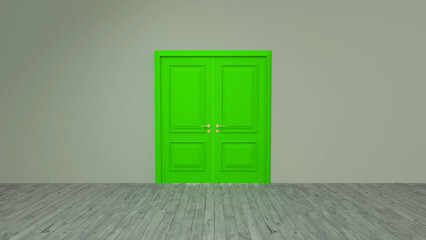 Vibrant green double door stands closed in a minimalist room with a gray wall and wooden floor, creating a striking contrast and suggesting a sense of mystery or anticipation