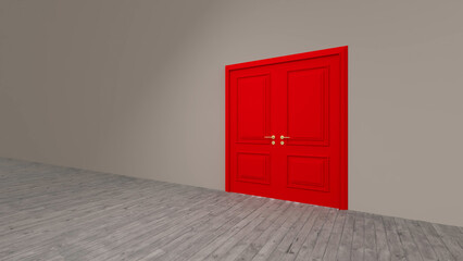 Closed double red door standing out against a gray wall in an empty room with gray wooden floor, representing new opportunities and potential