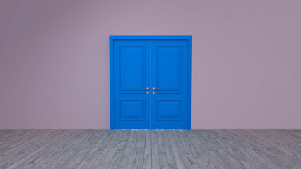 Vibrant blue double door is the focal point in an otherwise empty room, contrasting sharply with the pale purple walls and gray wooden floor, creating a striking visual