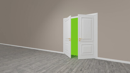 Classic white double door slightly open revealing a vibrant green screen background, ideal for keying and compositing, in an empty room with wooden floor