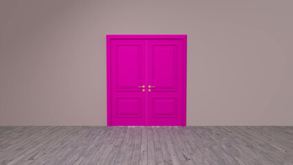 Vibrant pink double door stands closed in a minimalist room, promising new opportunities and contrasting sharply with the gray walls and wooden floor, creating a striking visual statement