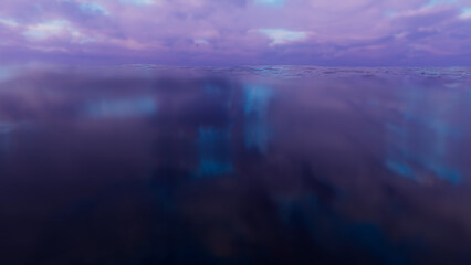 Underwater view of a massive ice sheet with purple, pink, and blue hues reflecting on the water surface, creating a surreal and ethereal atmosphere with a cloudy sky above