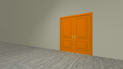 Bright orange double door standing slightly ajar in a minimalist room with gray walls and a light wooden floor, creating a sense of mystery and anticipation