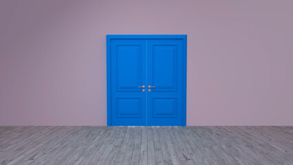 Closed double blue door on a purple wall in an empty room with wooden floor represents concepts such as new opportunities, mystery, and the beginning of a new chapter