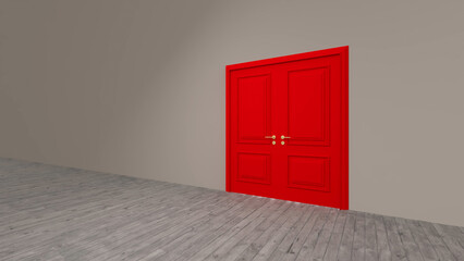 Large, vibrant red double door stands prominently in a minimalist gray room with a wooden floor, symbolizing opportunity, transition, and the potential for new beginnings