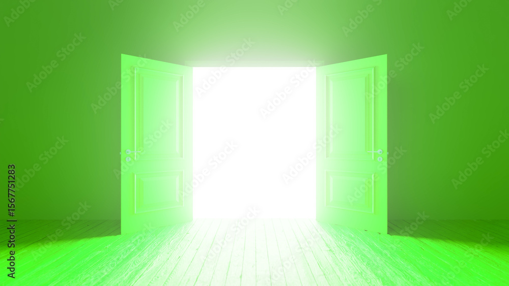 Poster light streaming through an open door illuminates an empty green room with a wooden floor, creating a
