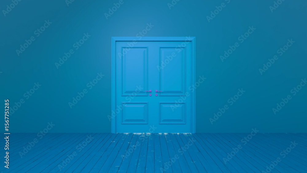 Poster light is coming from behind a closed double door illuminating an empty room with a wooden floor and 