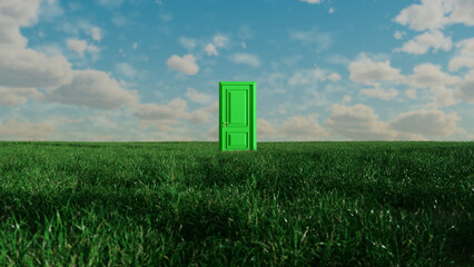 Bright green door standing in a field of lush grass under a cloudy blue sky, representing concepts of opportunity, new beginnings, and choices