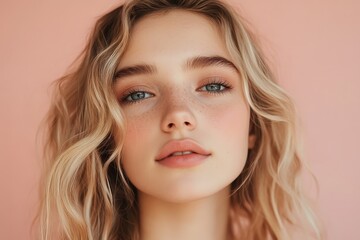 Naklejka premium Close-up portrait of a young woman with soft blonde waves and subtle makeup.