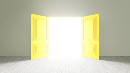 Bright light is coming through an open yellow double door in an empty room with wooden floor and gray walls, creating a concept of hope, opportunity and new beginnings