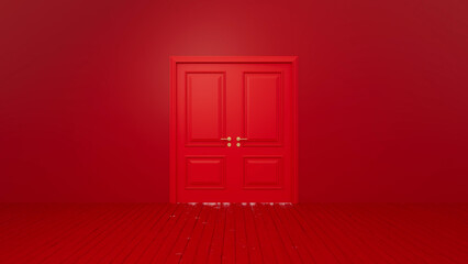 Closed double door with golden handles in a red room with wooden floor and matching red walls representing mystery, opportunity, and choices in life