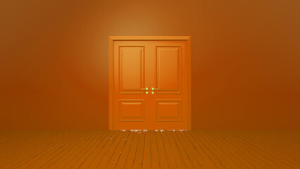 Closed double door with brass handles standing in an orange room with a wooden floor, representing concepts such as mystery, transition, and new beginnings