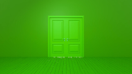 Green closed double door in a green room with wooden floor and green walls represents new opportunities, hope, and a fresh start, creating a surreal and minimalist atmosphere