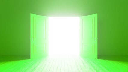 Light streaming through an open door illuminates an empty green room with a wooden floor, creating a captivating atmosphere filled with mystery and a sense of hopeful opportunity