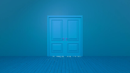 Light is coming from behind a closed double door illuminating an empty room with a wooden floor and blue walls, creating a mysterious atmosphere