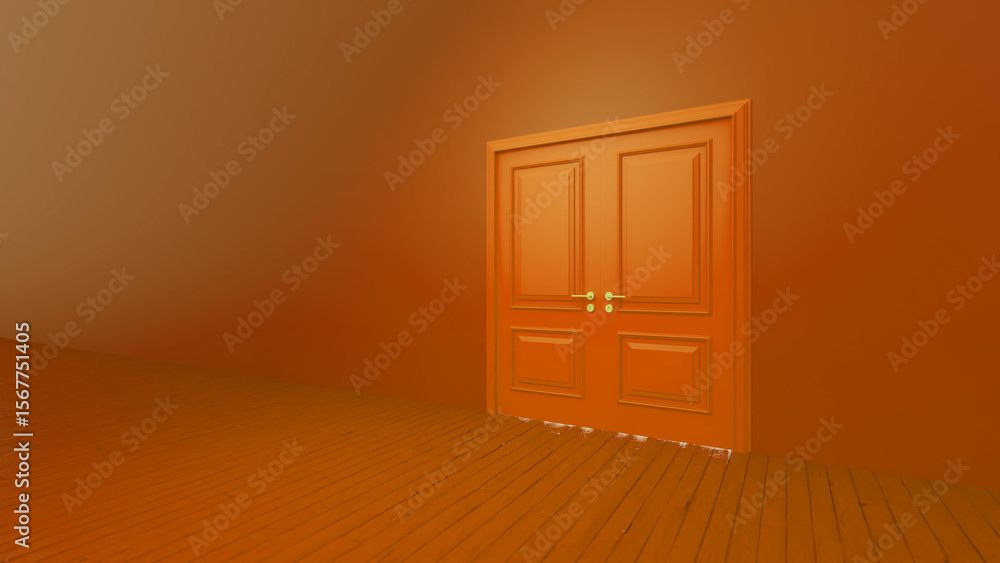 Poster light streaming into an empty orange room with a closed double door and a wooden floor, creating a w