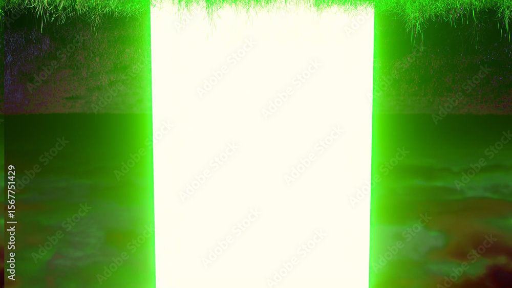 Poster glowing green rectangular portal opens to bright white light with dark green sky and grass in the ba