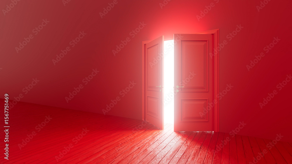 Poster bright white light streaming through open red double doors into empty red room with wooden floor, cr