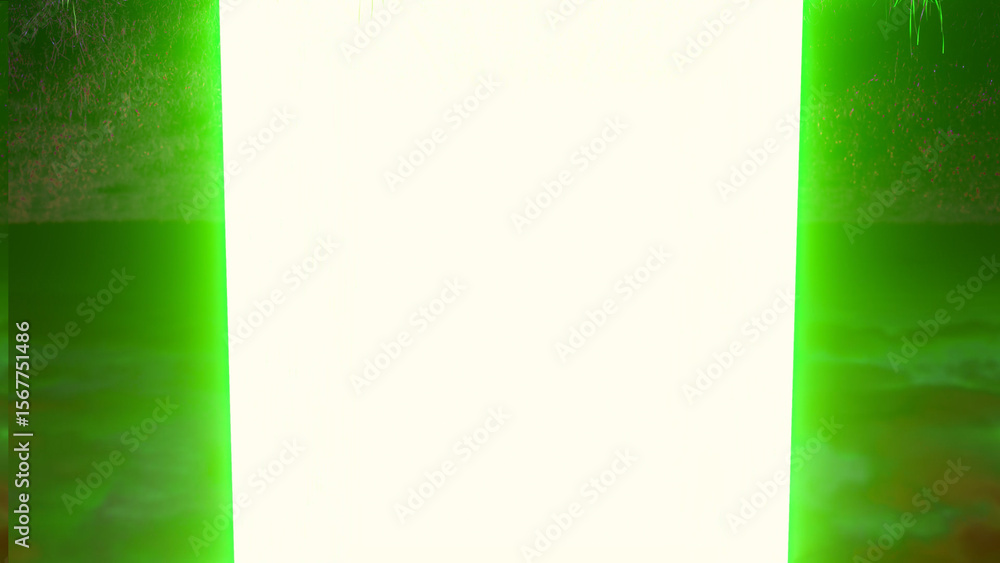Poster green glowing rectangular doorway opening into pure white light background with mysterious textured 