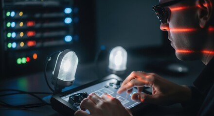 Male hacker operating control panel in a dark server room with sunglasses and red light stripes