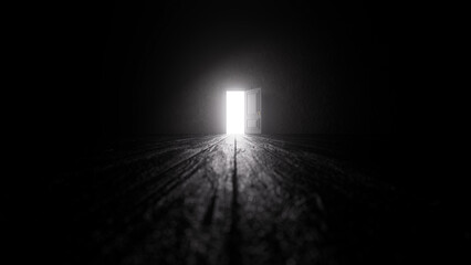 Light streaming through an open door casts a warm glow across a dark room with a wooden floor, evoking a sense of mystery and hope for new beginnings and possibilities