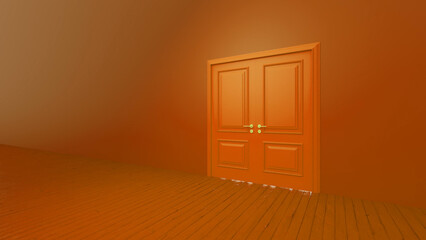 Closed double doors standing in an orange room with a warm wooden floor, evoking feelings of mystery, transition, and the promise of new beginnings and opportunities ahead