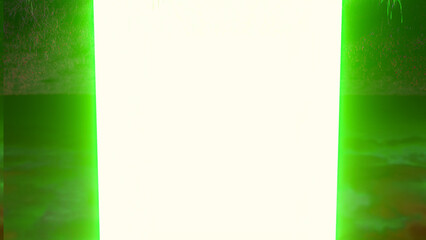 Green glowing rectangular doorway opening into pure white light background with mysterious textured borders, creating a sense of mystery and the unknown