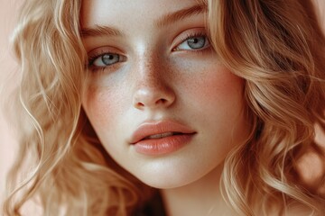 Fototapeta premium Close-up portrait of a woman with blonde curls and natural beauty.