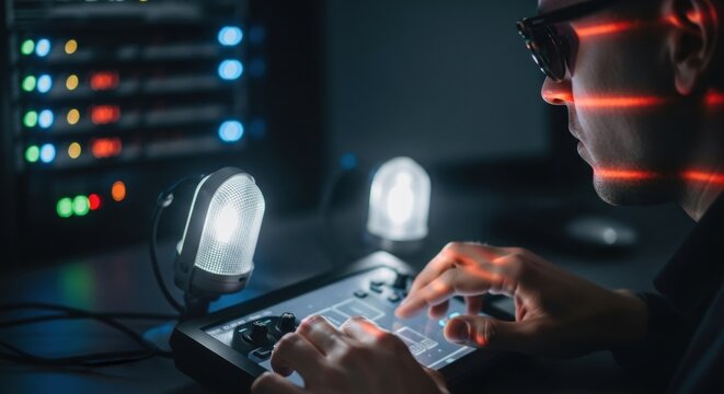 Male hacker operating control panel in a dark server room with sunglasses and red light stripes