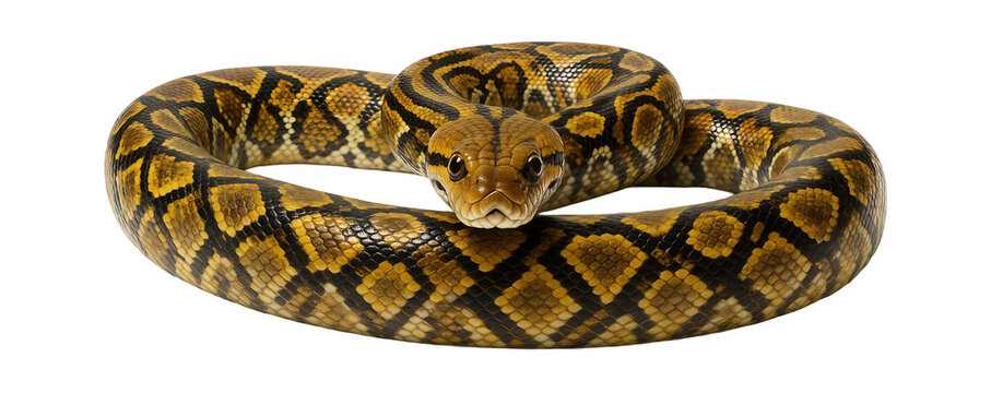 Reticulated python with complex geometric pattern of yellow, black, and brown