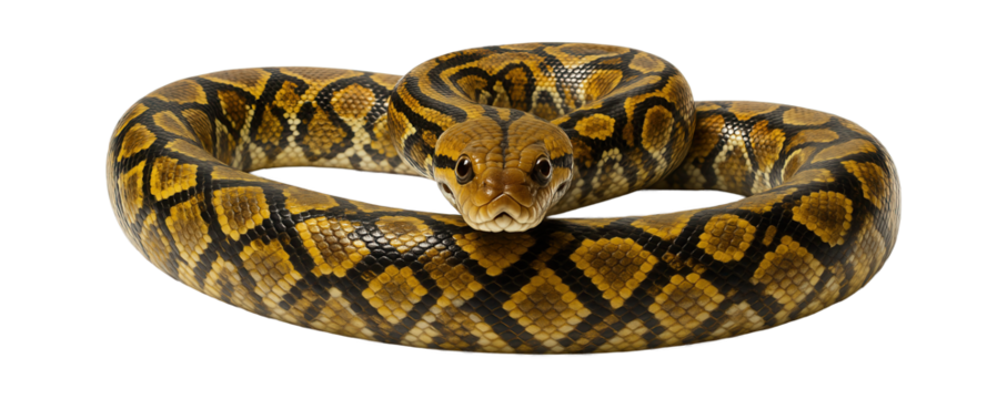 Reticulated python with complex geometric pattern of yellow, black, and brown