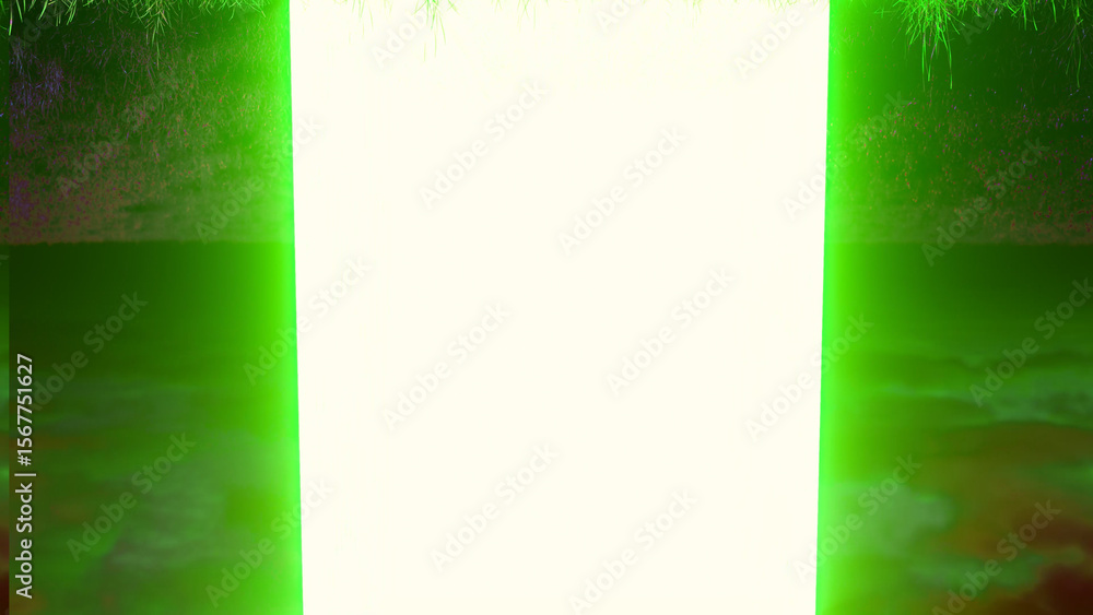 Poster bright glowing green rectangle is separating a white empty copyspace from a green textured backgroun