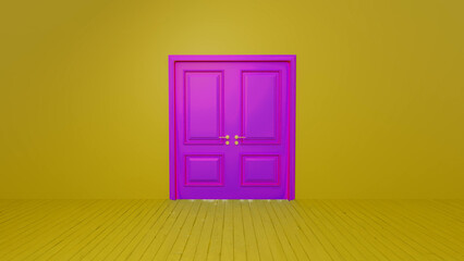 Purple double doors with golden handles rising from a yellow wooden floor against a vibrant yellow wall, creating an atmosphere filled with surreal energy and inviting possibilities