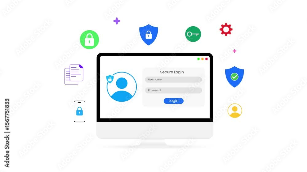 Poster secure and protected login showing on the computer screen 4k animation. system, profile, encrypted