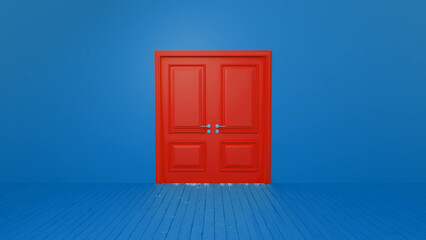 Vibrant red double door stands closed on a blue wooden floor against a matching blue wall, symbolizing opportunity, mystery, and the potential for new beginnings or transitions