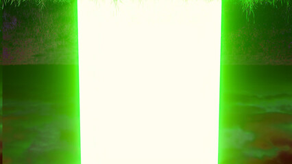 Bright glowing rectangle opening into white void with green clouds and plants surrounding it, creating a mysterious and otherworldly atmosphere
