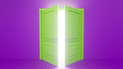 Green double door slightly open revealing a bright white light in a purple room with wooden floor, representing concepts such as opportunity, new beginning, hope, mystery, and fantasy