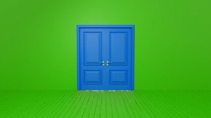 Blue double door standing out against a vibrant green wall and floor, creating a striking contrast in an empty room, perfect for showcasing unique interior design choices