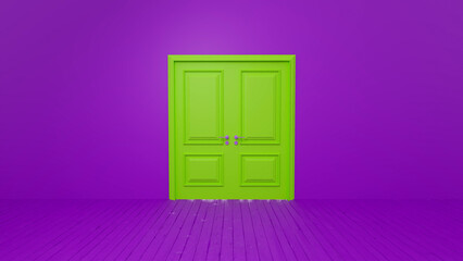 Green double door standing out against a vibrant purple wall and floor creating a striking contrast and suggesting a surreal or metaphorical concept