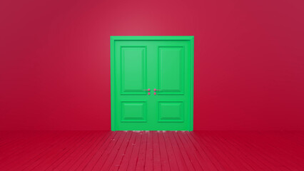 Green double doors standing on a vibrant red wooden floor, contrasting beautifully with the red wall, creating an eye catching and dynamic interior space full of possibilities