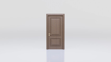 Classic wooden door standing closed on a white background, creating a sense of anticipation, mystery, and the potential for new beginnings or challenges