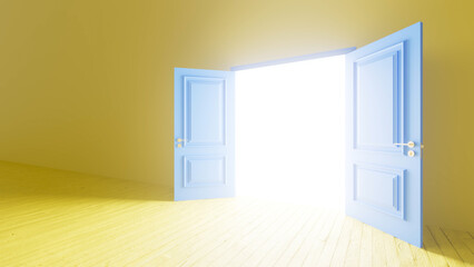Light floods a yellow room through an open double door, creating a hopeful atmosphere and symbolizing new beginnings, opportunities, and a bright future